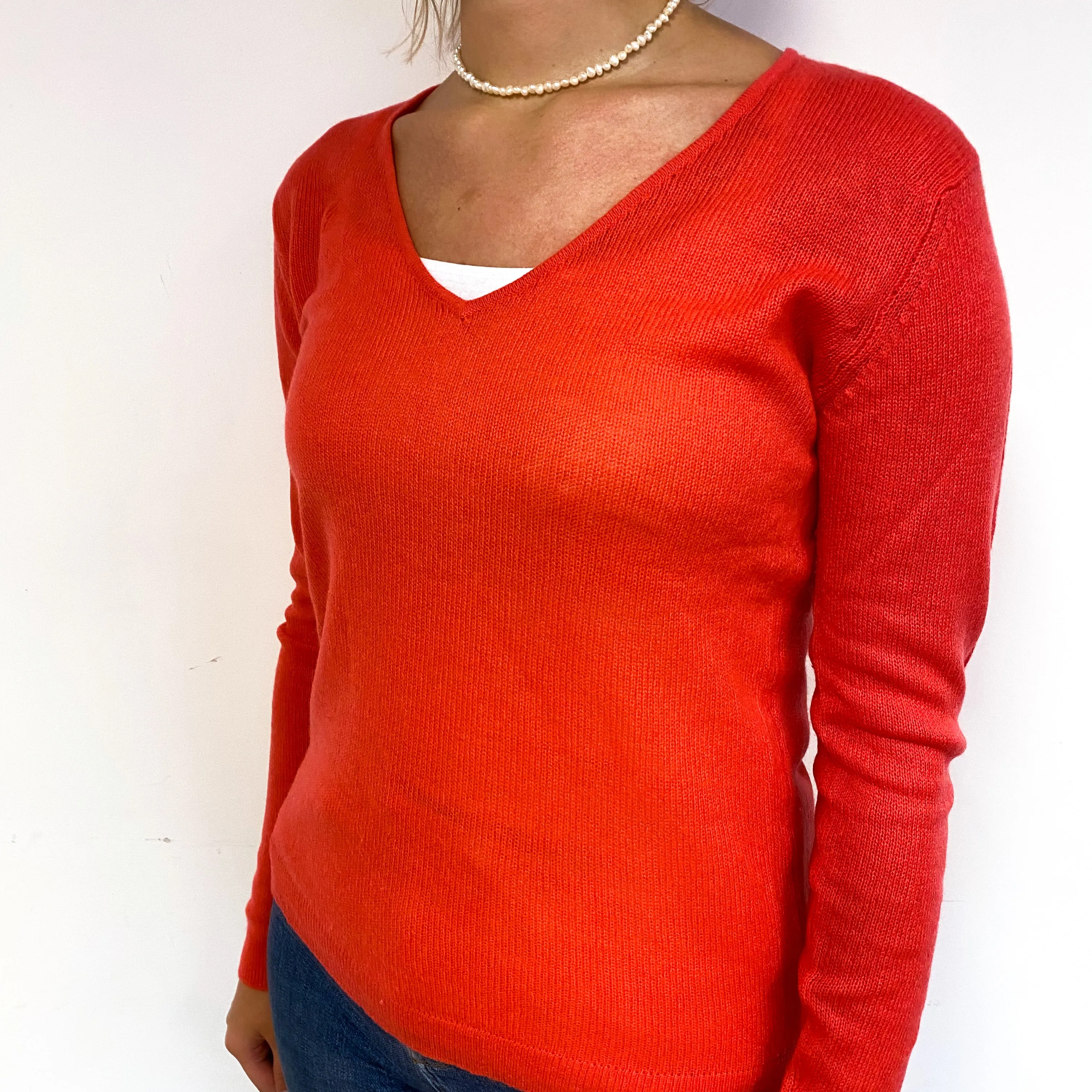 Deep Coral Orange Lightweight Cashmere V-Neck Jumper Small