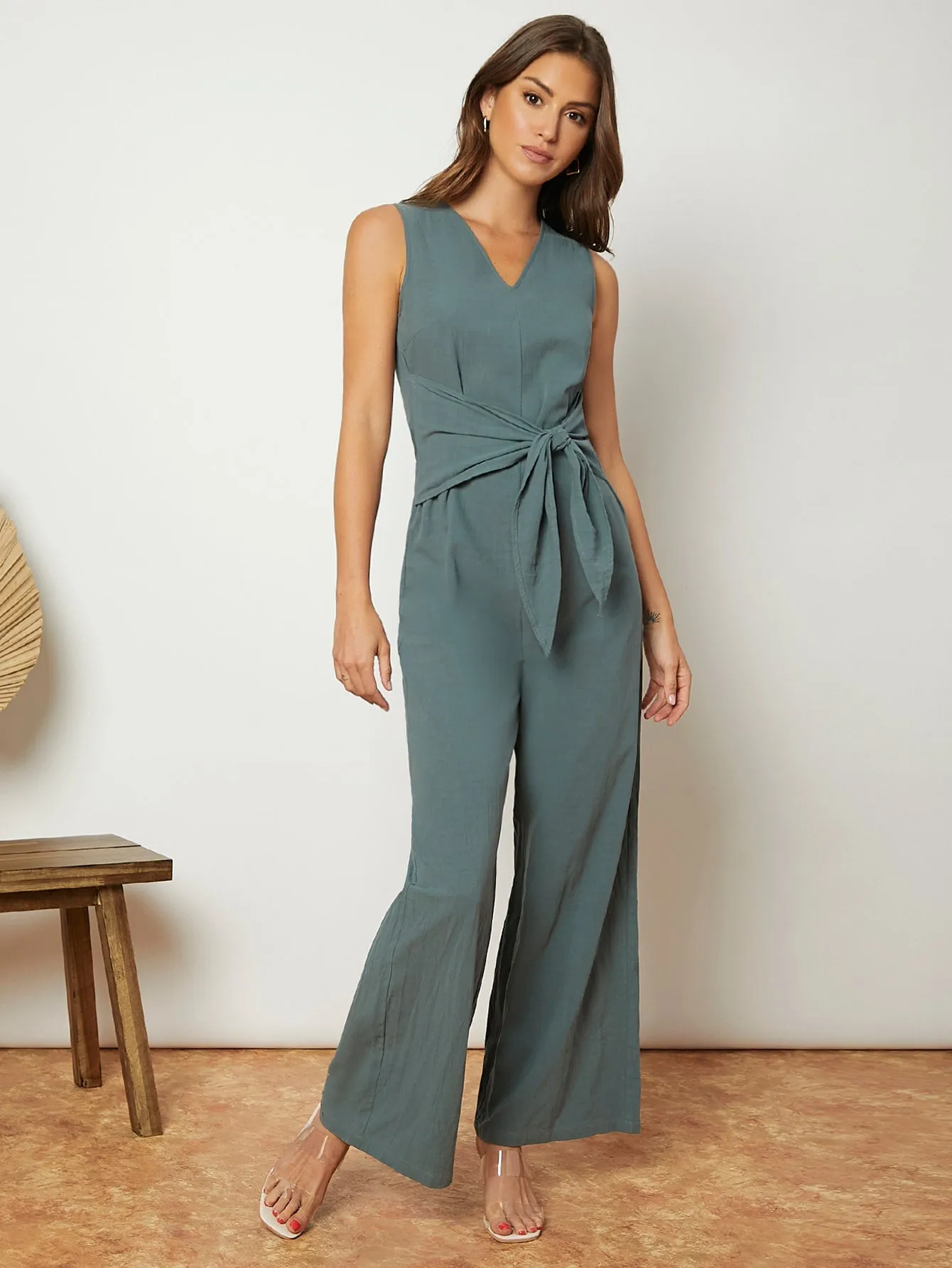 Elegant Plain Sleeveless V Neck Natural Long Women Jumpsuit