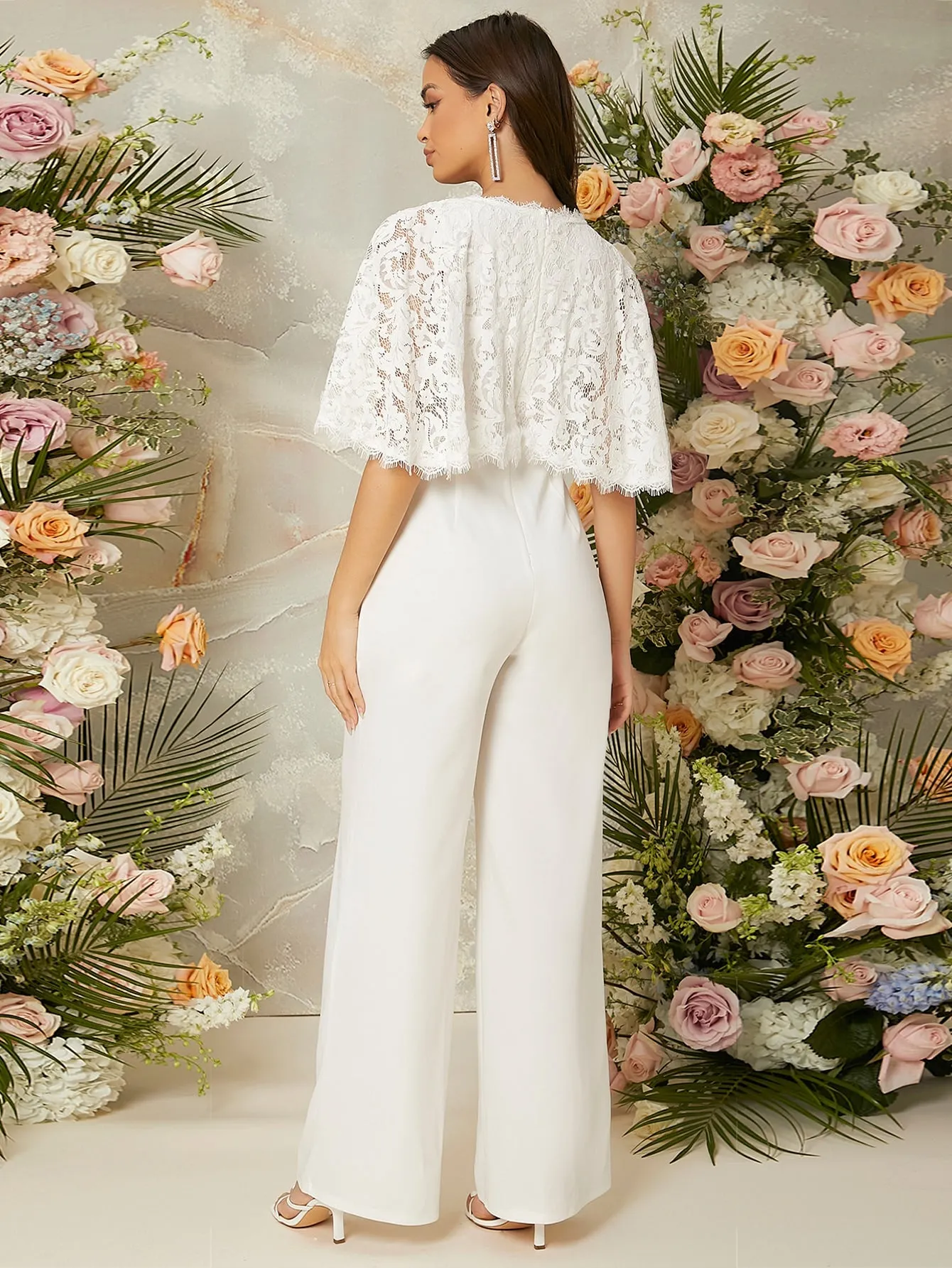 Elegant Plain Zipper Half Sleeve Deep V Neck Natural Long Women Jumpsuit
