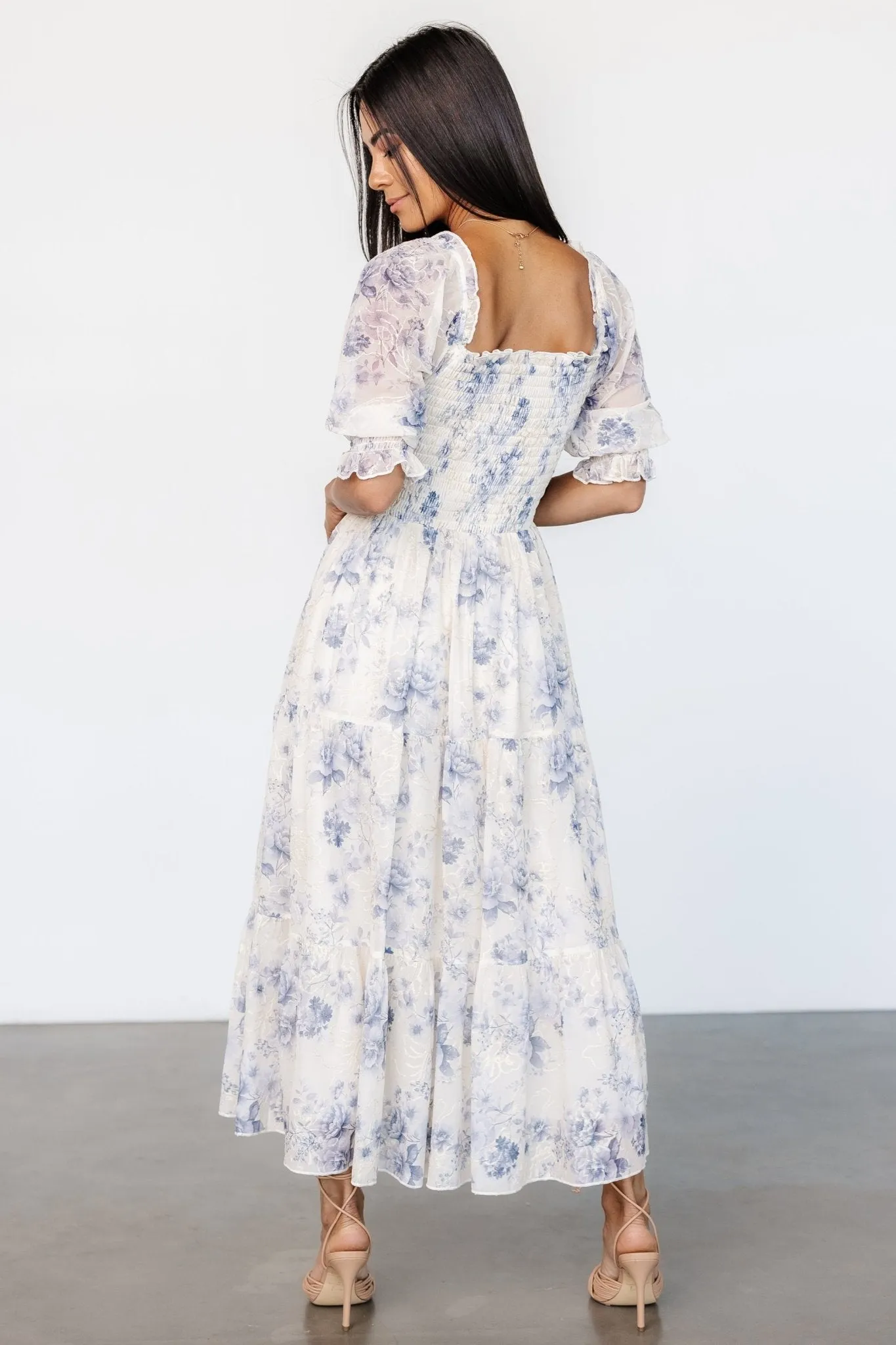 Fabian Jacquard Midi Dress | Cream   Blue Floral