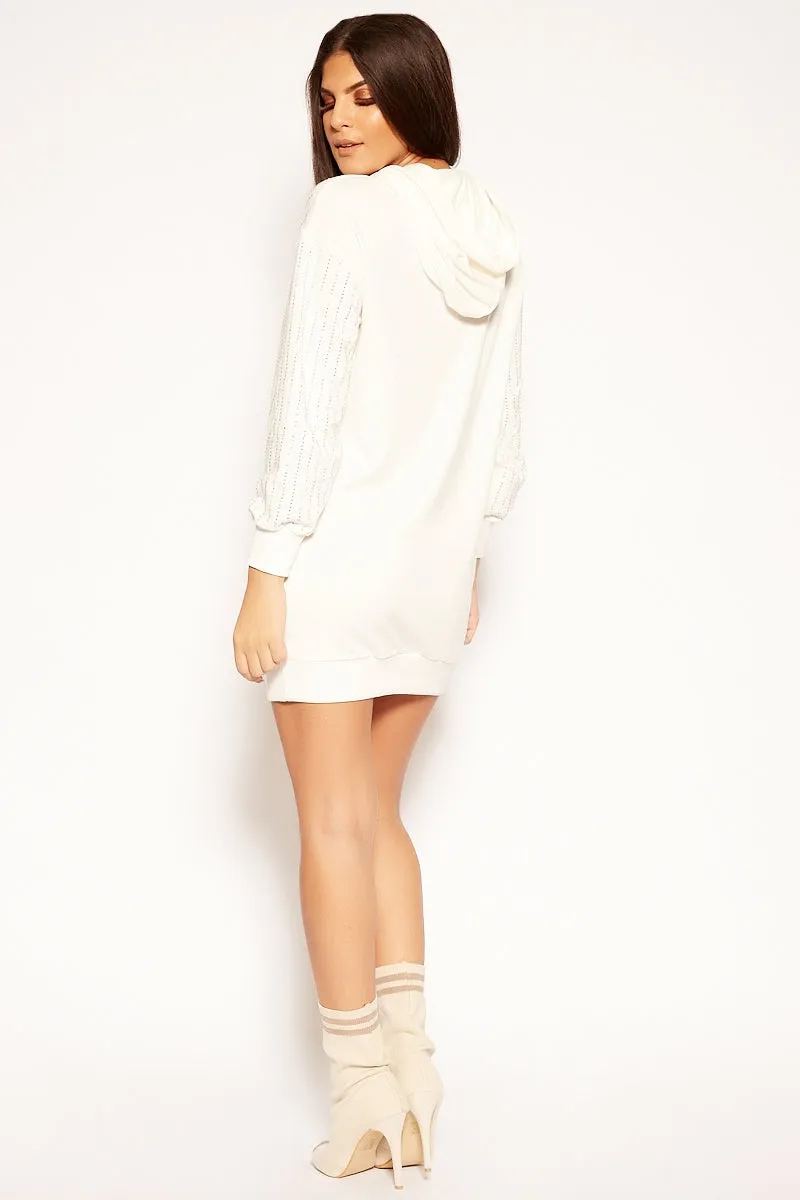 Kandise - White Diamante Detail Hooded Jumper Dress