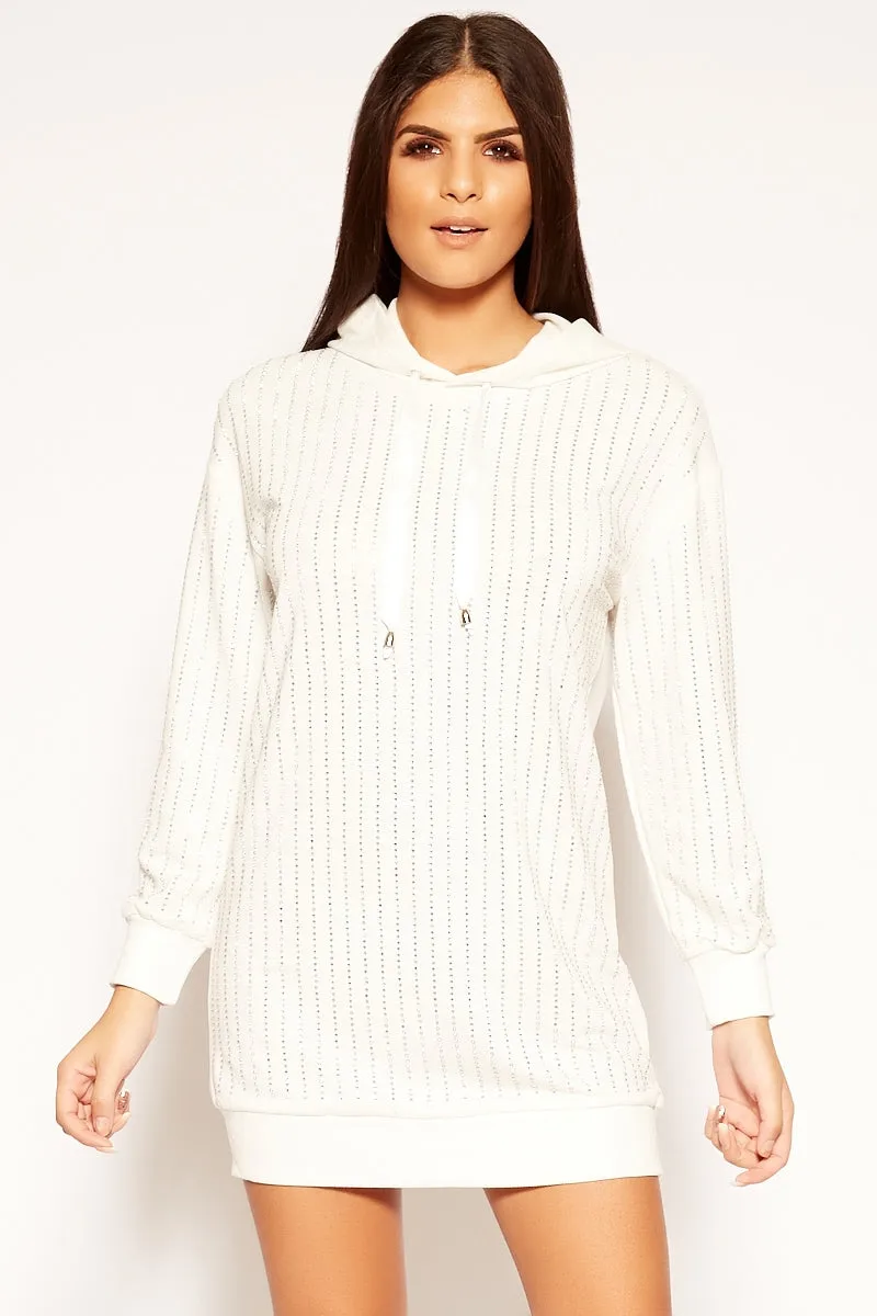 Kandise - White Diamante Detail Hooded Jumper Dress