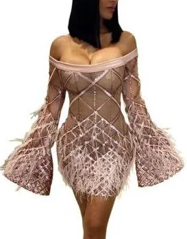 MB FASHION Off-Shoulder Feather Sleeve Embellished Party Dress 8152