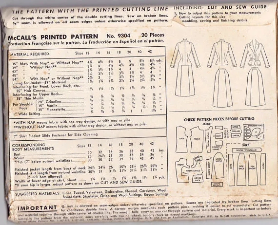 McCall's 9304 - 1950s Vintage Sewing Pattern: Fitted Suit - 38" Bust