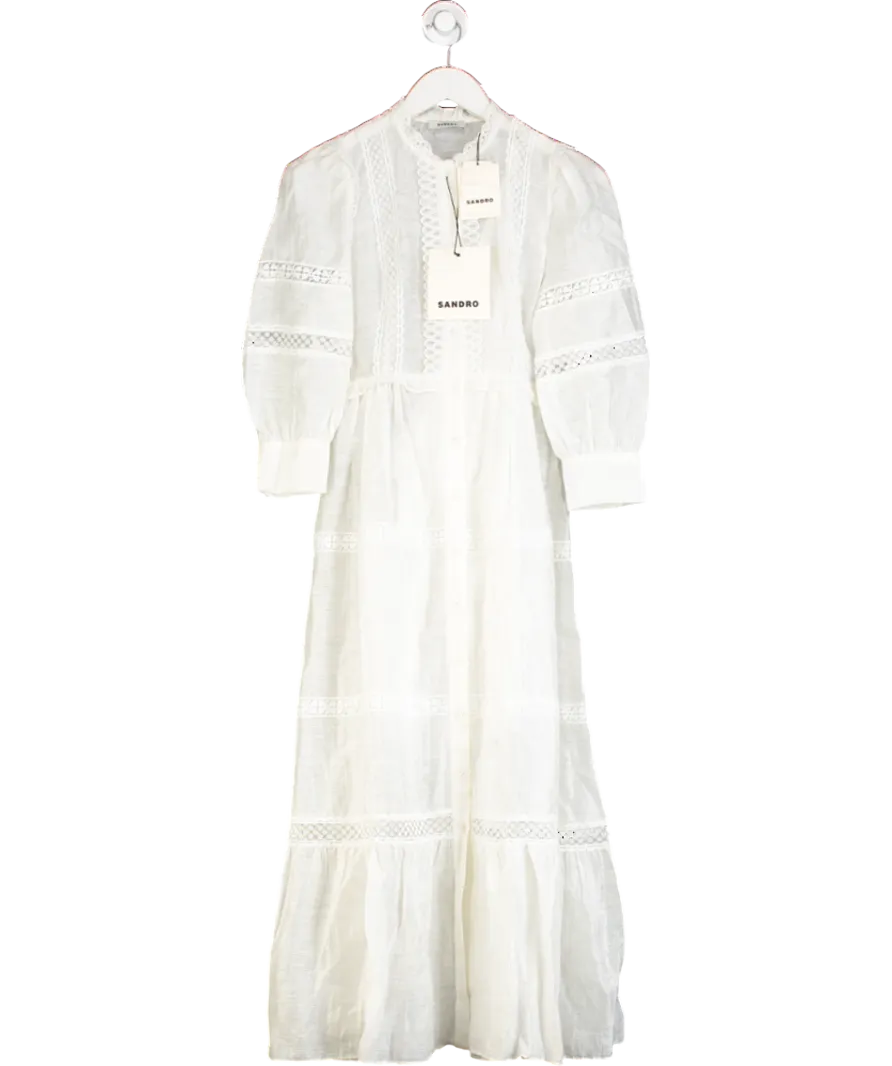Sandro Cream Ecru Lace Inset Lined Midi Dress UK 6