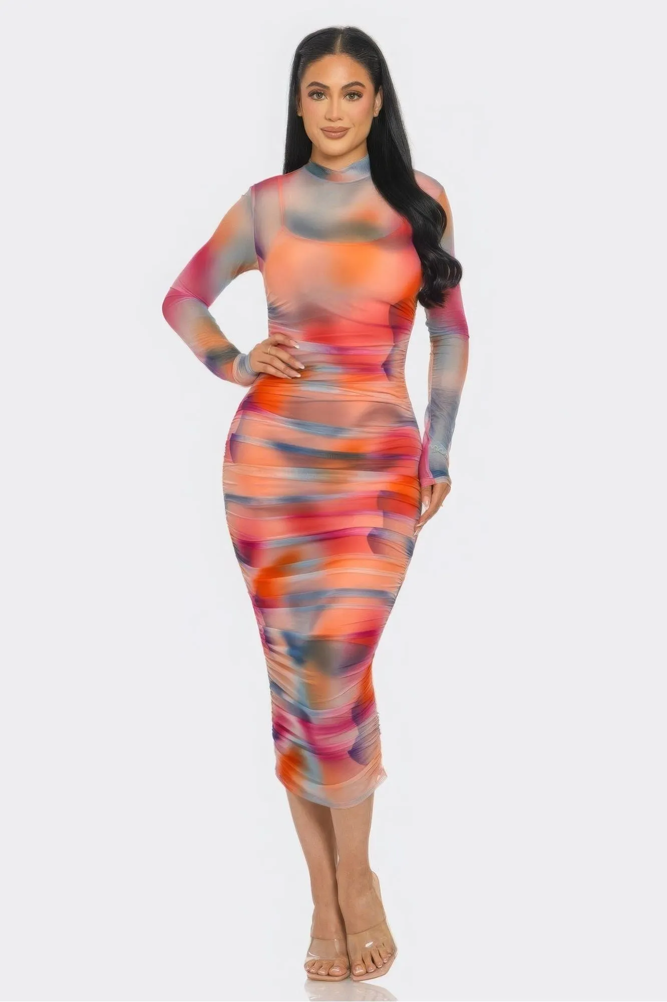 Summer Heat Mesh Ruched Midi Dress