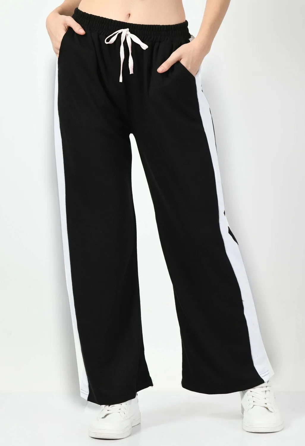 White Panel Black Wide Leg Joggers