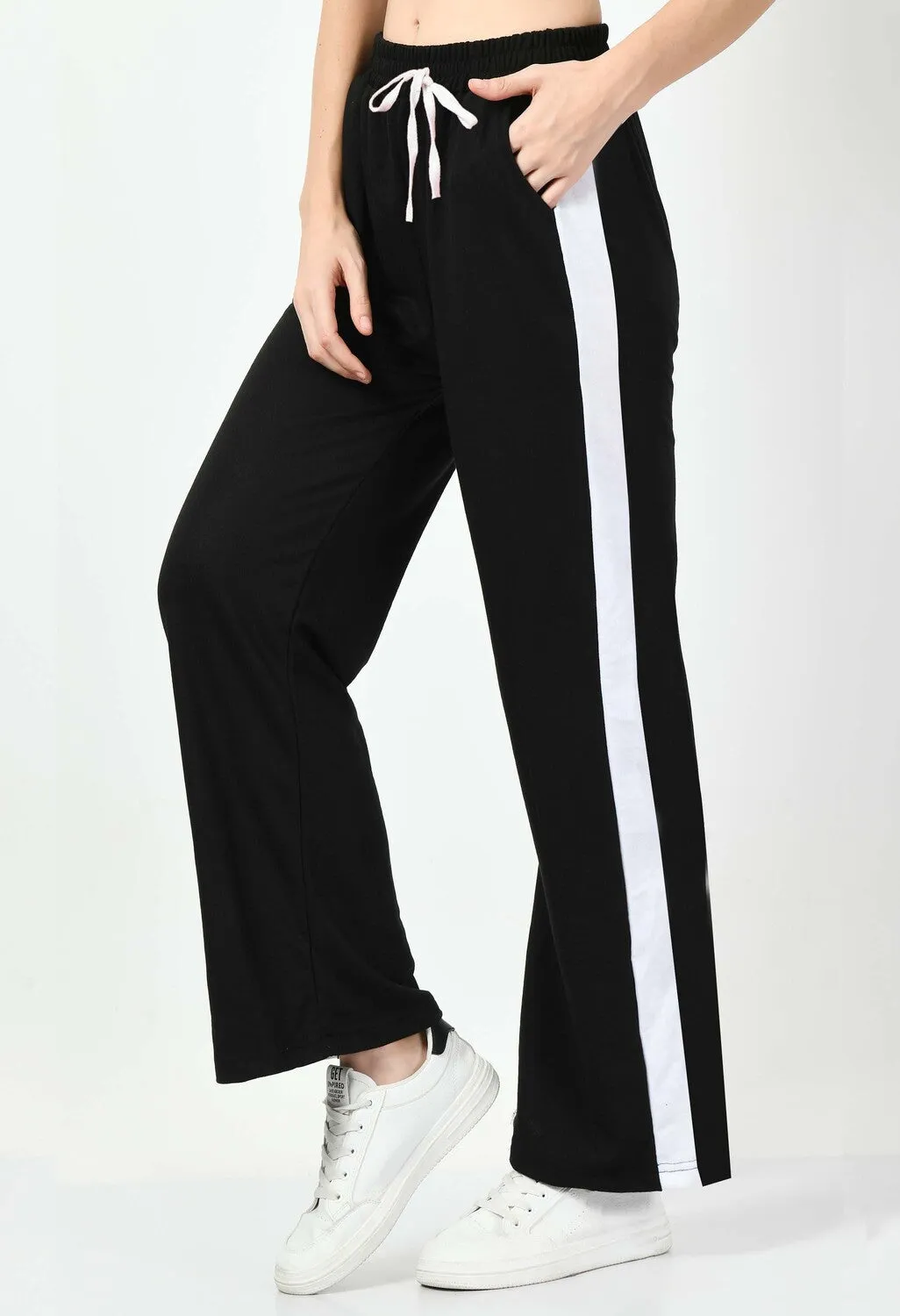 White Panel Black Wide Leg Joggers