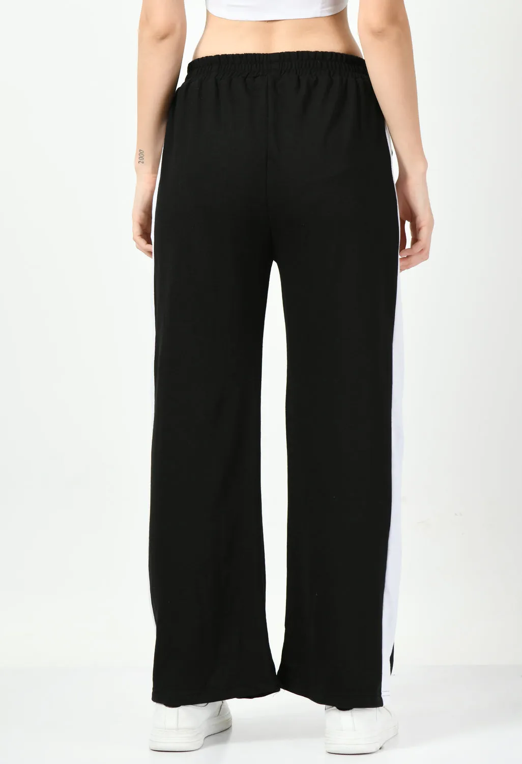 White Panel Black Wide Leg Joggers
